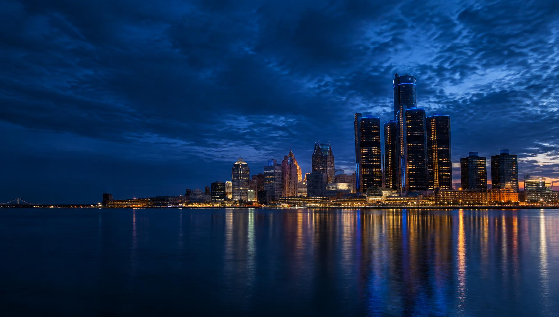 Detroit skyline across the river at blue hour